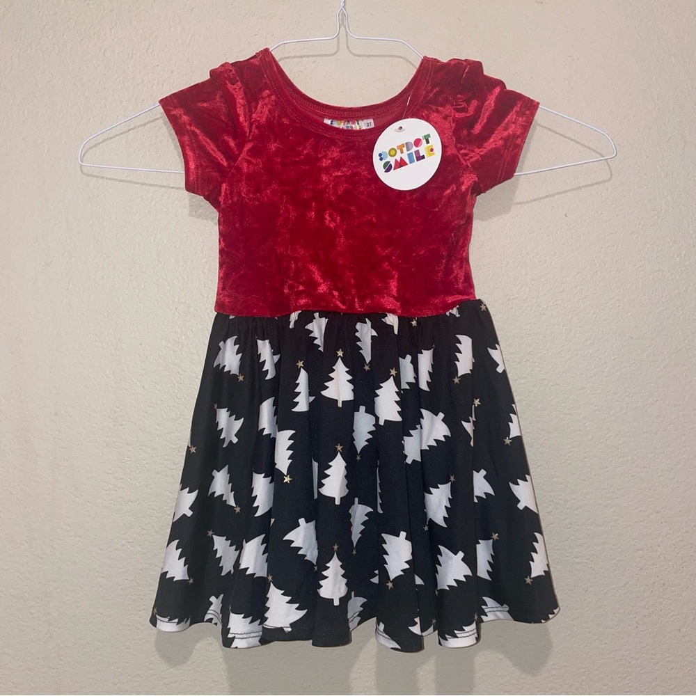 Dot Dot Smile Christmas Holiday Fancy Collection  Dress 2t Red Velvet/Tree Print